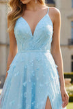 Sky Blue Floral Spaghetti Straps Long Prom Dress with Slit