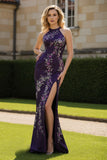 Grape Floral Halter Neck Mermaid Long Backless Prom Dress with Slit