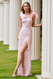 Candy Pink Lace Corset Floral Sheath Long Prom Dress with Slit