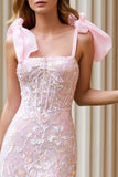Candy Pink Lace Corset Floral Sheath Long Prom Dress with Slit
