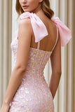 Candy Pink Lace Corset Floral Sheath Long Prom Dress with Slit