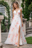 Floral Ivory Pink Spaghetti Straps A Line Long Prom Dress with Slit