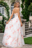 Floral Ivory Pink Spaghetti Straps A Line Long Prom Dress with Slit