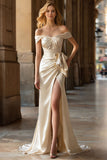 Champagne Off the Shoulder Mermaid Maxi Prom Dress with Slit