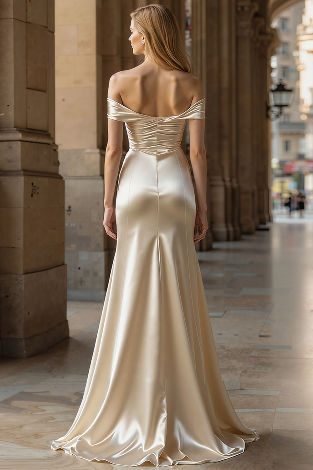 Leely Women Champagne Satin Maxi Prom Dress with Slit Off the Shoulder  Mermaid Ruched Formal Dress with Bow – leelyuk