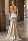 Champagne Off the Shoulder Mermaid Maxi Prom Dress with Slit
