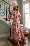 Floral Dusty Rose V-Neck Maxi Mother of the Bride Dress with Sleeves