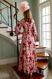 Floral Dusty Rose V-Neck Maxi Mother of the Bride Dress with Sleeves