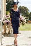Sparkly Navy V-Neck Midi Mother of the Bride Dress with Beading