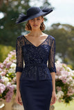 Sparkly Navy V-Neck Midi Mother of the Bride Dress with Beading