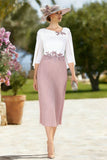 Floral White and Blush Pleated Midi Mother of the Bride Dress with Cape