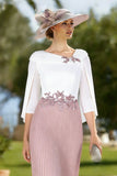Floral White and Blush Pleated Midi Mother of the Bride Dress with Cape
