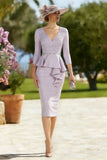 Vintage Mauve Pleated Bodycon Midi Mother of the Bride Dress with Ruffles