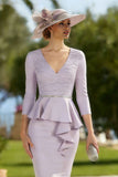 Vintage Mauve Pleated Bodycon Midi Mother of the Bride Dress with Ruffles