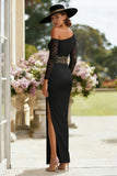 Black One Shoulder Lace Long Mother of the Bride Dress with Slit