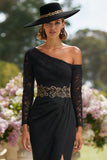 Black One Shoulder Lace Long Mother of the Bride Dress with Slit