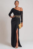 Black One Shoulder Lace Long Mother of the Bride Dress with Slit