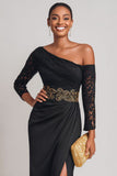 Black One Shoulder Lace Long Mother of the Bride Dress with Slit