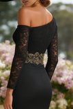 Black One Shoulder Lace Long Mother of the Bride Dress with Slit