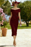 Burgundy Bodycon Off the Shoulder Midi Mother of the Bride Dress with Bow