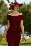 Burgundy Bodycon Off the Shoulder Midi Mother of the Bride Dress with Bow