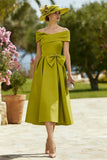 Lemon Green A Line Midi Mother of the Bride Dress with Bow