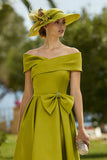 Lemon Green A Line Midi Mother of the Bride Dress with Bow
