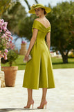 Lemon Green A Line Midi Mother of the Bride Dress with Bow
