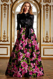 Floral Black Collar Neck A Line Mother of the Bride Dress with Bow