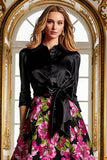 Floral Black Collar Neck A Line Mother of the Bride Dress with Bow