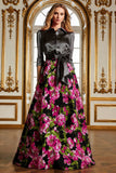 Floral Black Collar Neck A Line Mother of the Bride Dress with Bow