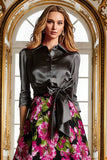 Floral Black Collar Neck A Line Mother of the Bride Dress with Bow