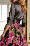 Floral Black Collar Neck A Line Mother of the Bride Dress with Bow