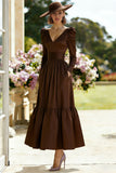 Brown V-Neck A Line Long Mother of the Bride Dress with Sleeves