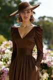 Brown V-Neck A Line Long Mother of the Bride Dress with Sleeves