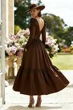 Brown V-Neck A Line Long Mother of the Bride Dress with Sleeves