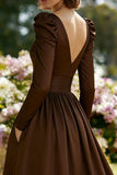 Brown V-Neck A Line Long Mother of the Bride Dress with Sleeves