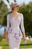 Vintage Mauve Ruffled Pleated Bodycon Midi Mother of the Bride Dress