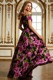 Floral Black Off the Shoulder A Line Long Mother of the Bride Dress
