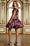 Floral Black Off the Shoulder A Line Short Mother of the Bride Dress