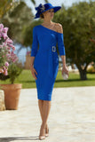 Royal Blue One Shoulder Bodycon Midi Mother of the Bride Dress with Belt