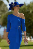 Royal Blue One Shoulder Bodycon Midi Mother of the Bride Dress with Belt