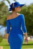Royal Blue One Shoulder Bodycon Midi Mother of the Bride Dress with Belt