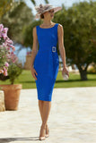 Royal Blue Thick Straps Bodycon Midi Mother of the Bride Dress with Belt