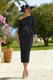 Sky Blue One Shoulder Bodycon Midi Mother of the Bride Dress with Belt