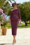 Sky Blue One Shoulder Bodycon Midi Mother of the Bride Dress with Belt