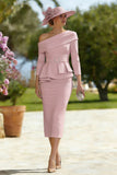 Sky Blue One Shoulder Bodycon Midi Mother of the Bride Dress with Belt