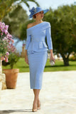 Sky Blue One Shoulder Bodycon Midi Mother of the Bride Dress with Belt