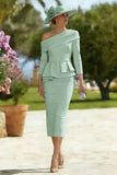 Sky Blue One Shoulder Bodycon Midi Mother of the Bride Dress with Belt