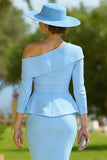 Sky Blue One Shoulder Bodycon Midi Mother of the Bride Dress with Belt